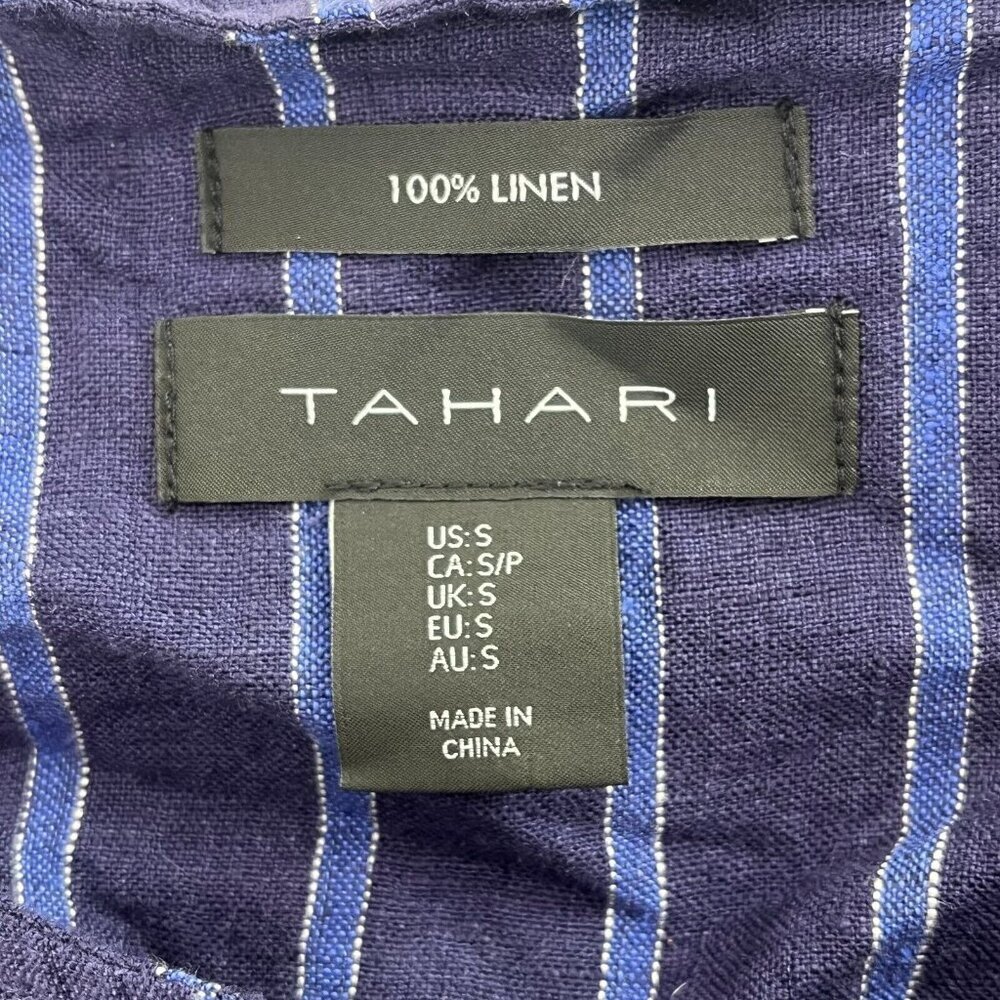 Tahari Womens Small Navy Blue Striped 100% Linen Shift Dress Cap Sleeve Casual - Picture 4 of 6